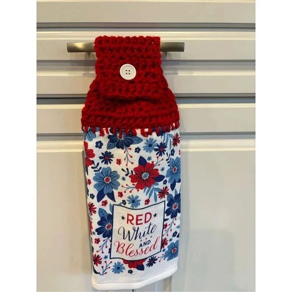 Crochet Top Kitchen Towel- Red White And blessed - Picture 1 of 2